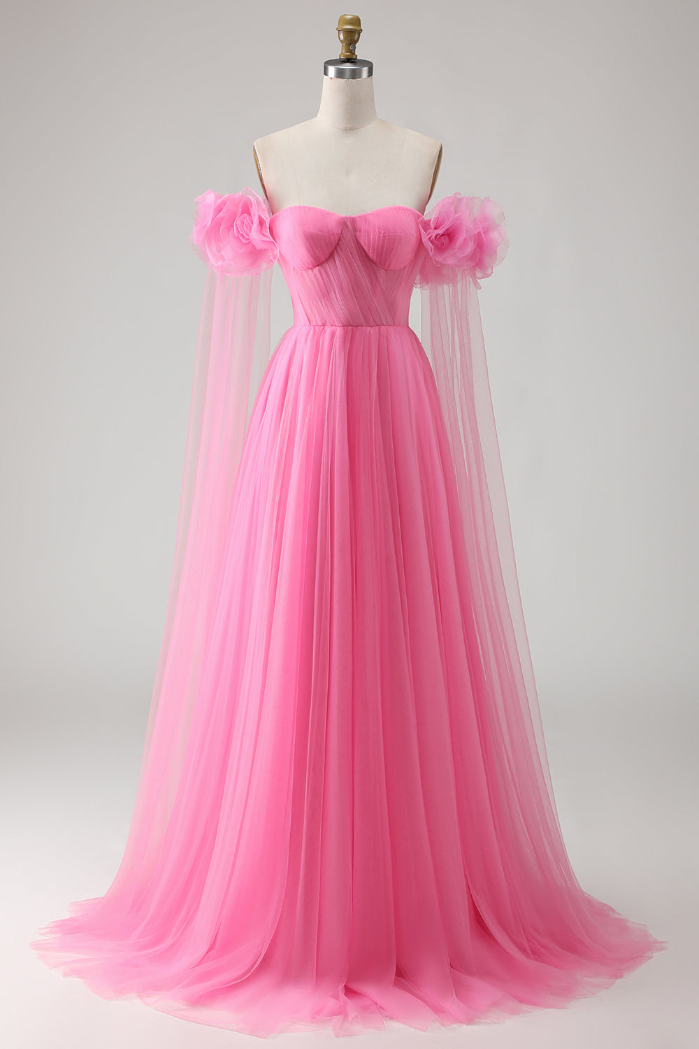 Hot Pink A-Line Off The Shoulder Pleated Prom Dress With Cape