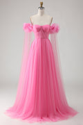 Hot Pink A-Line Off The Shoulder Pleated Prom Dress With Cape