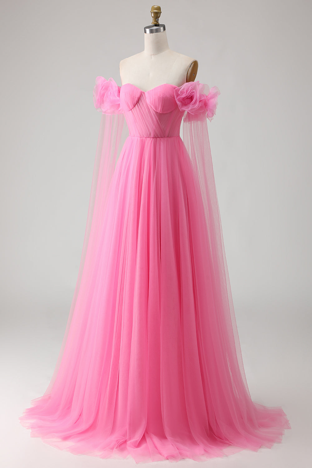 Hot Pink A-Line Off The Shoulder Pleated Prom Dress With Cape