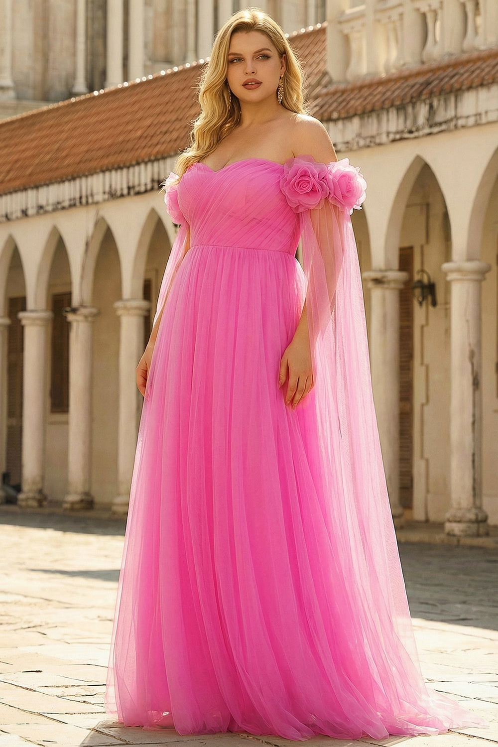 Off the Shoulder 3D Flower Hot Pink Plus Size Prom Dress
