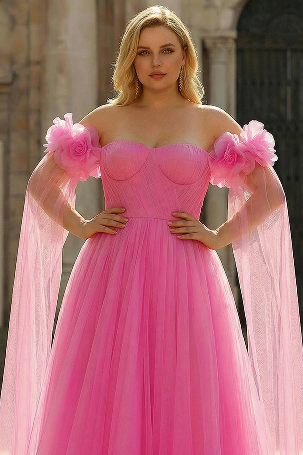 Off the Shoulder 3D Flower Hot Pink Plus Size Prom Dress