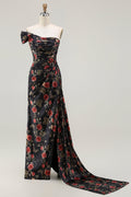 Black Red Flower One Shoulder Sheath Prom Dress With Side Cape
