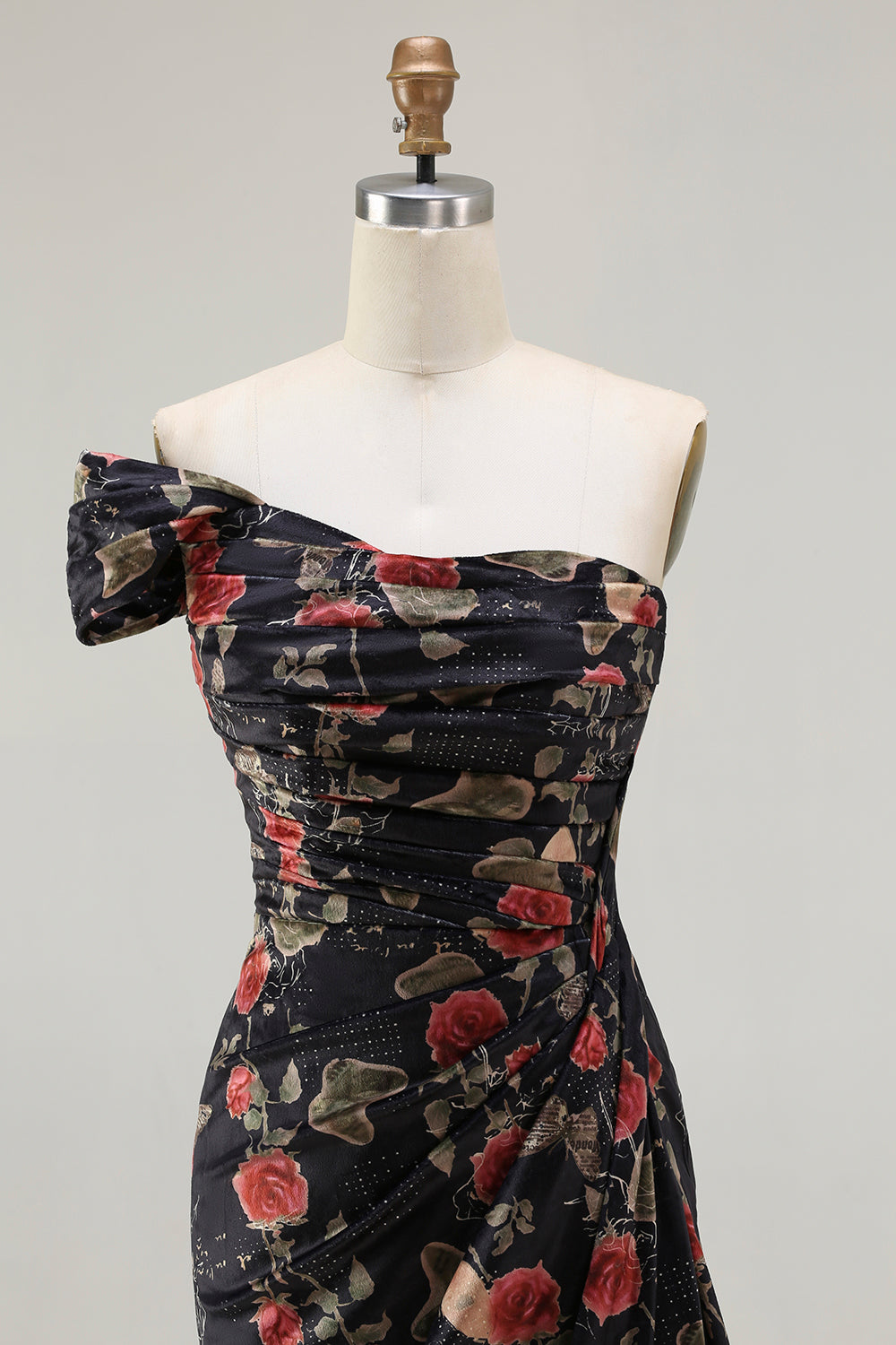 Black Red Flower One Shoulder Sheath Prom Dress With Side Cape