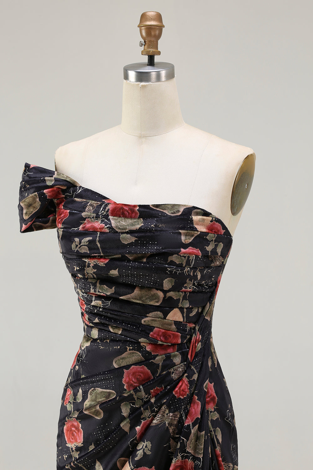Black Red Flower One Shoulder Sheath Prom Dress With Side Cape