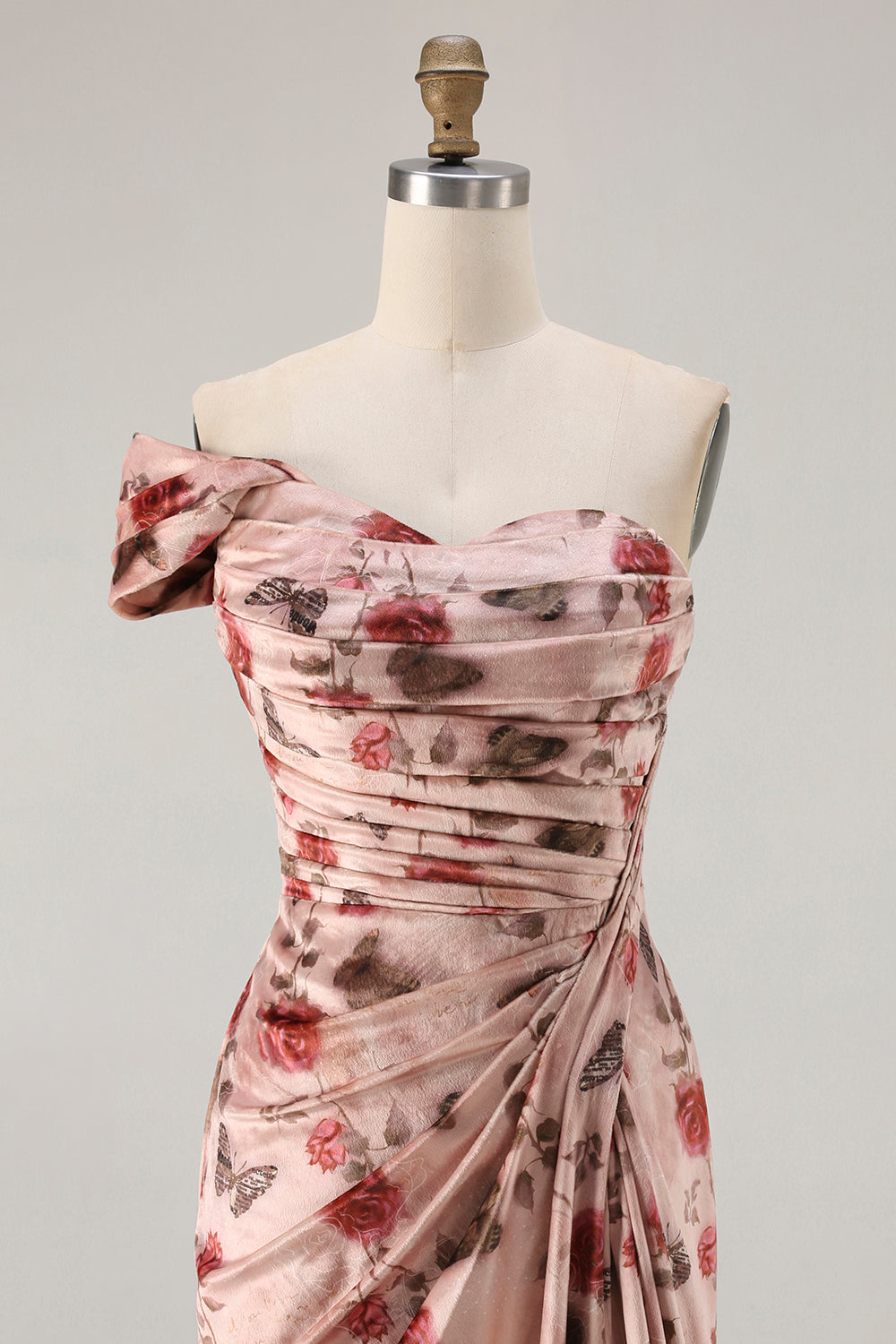 Black Red Flower One Shoulder Sheath Prom Dress With Side Cape