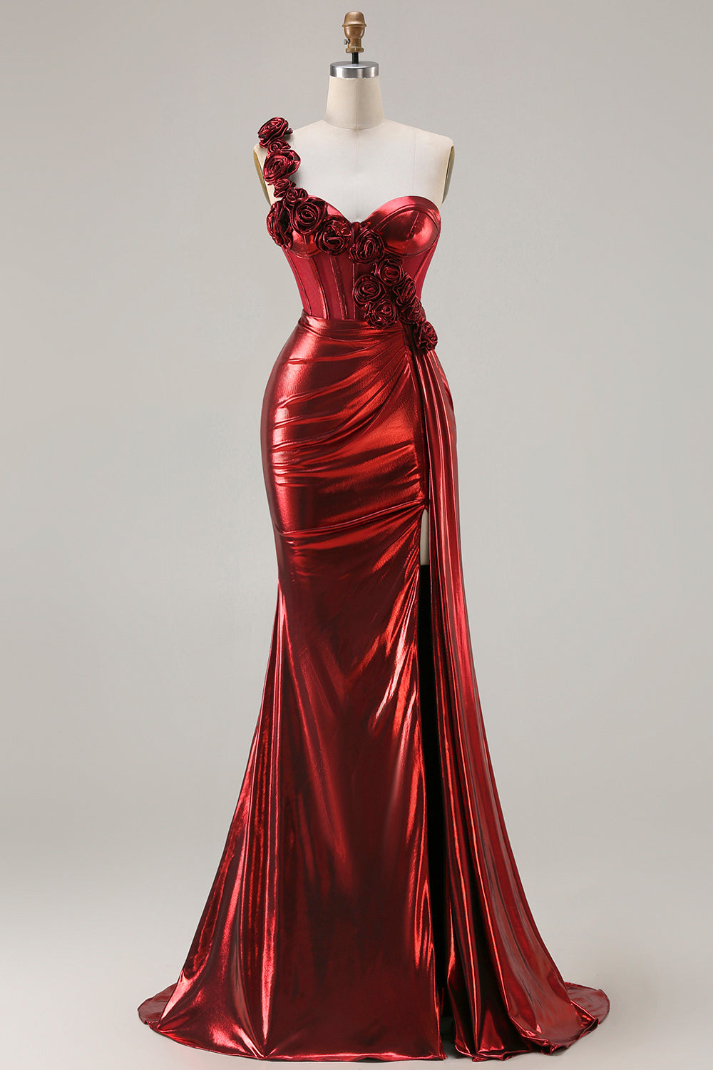 Burgundy Metallic 3D Flower One Shoulder Mermaid Prom Dress