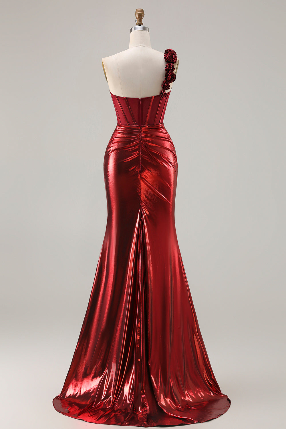 Burgundy Metallic 3D Flower One Shoulder Mermaid Prom Dress