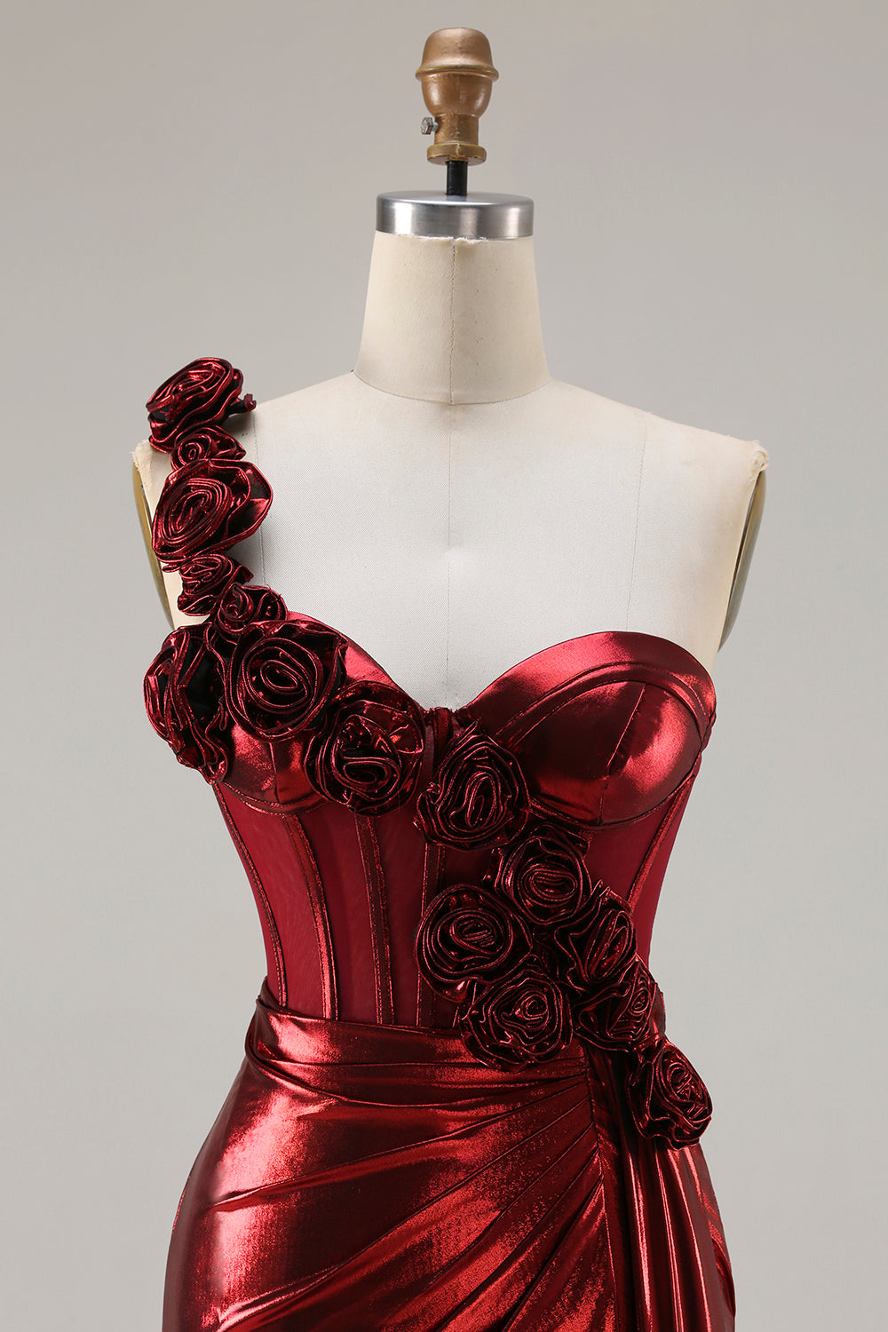 Metallic One Shoulder Burgundy Corset Mermaid Prom Dress With 3D Flowers