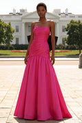Strapless Fuchsia Ruched Satin Prom Dress with Bow