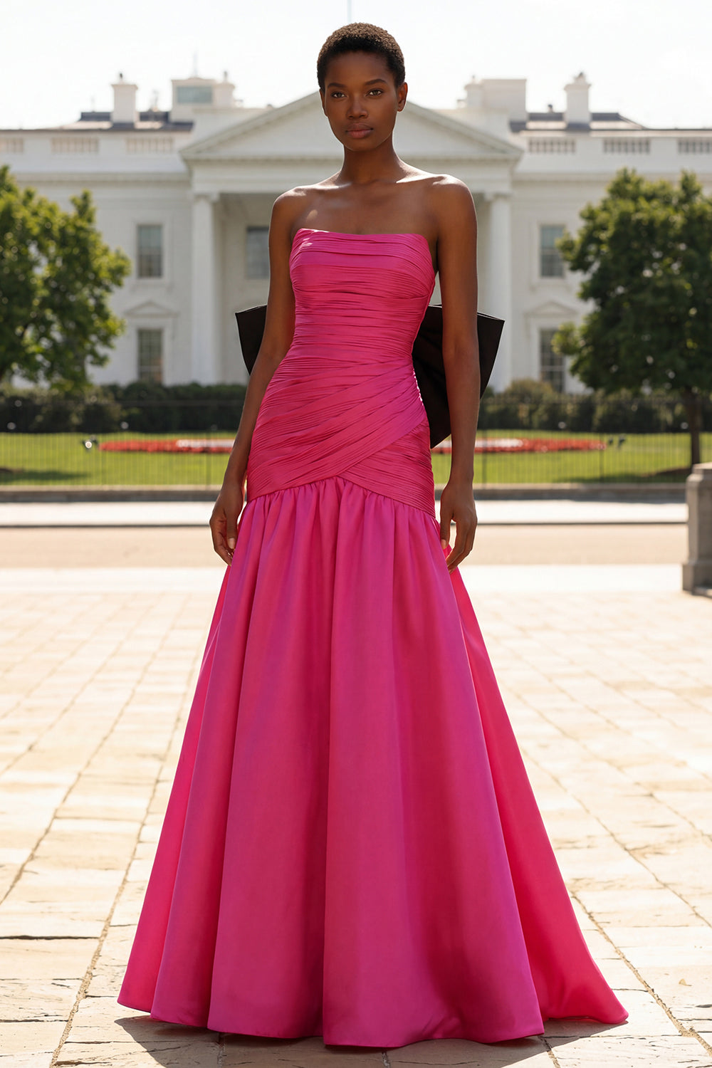 Strapless Fuchsia Ruched Satin Prom Dress with Bow