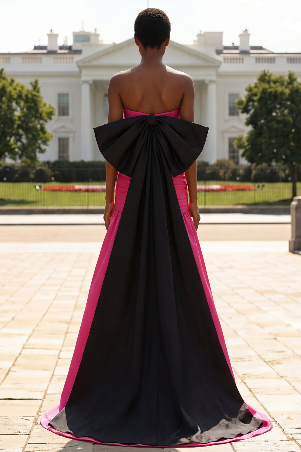 Strapless Fuchsia Ruched Satin Prom Dress with Bow