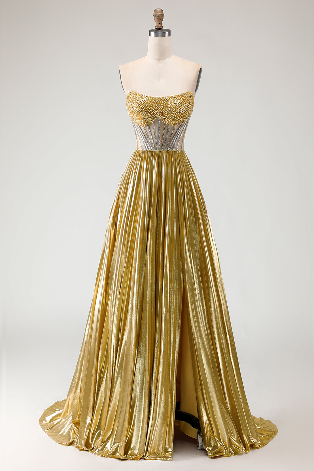 Metallic Golden Strapless Beaded A-Line Maxi Prom Dress