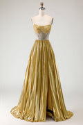 Metallic Golden Strapless Beaded A-Line Pleated Prom Dress With Slit