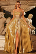 Metallic Golden Strapless Beaded A-Line Maxi Prom Dress