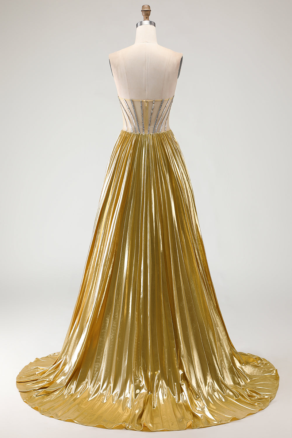 Metallic Golden Strapless Beaded A-Line Maxi Prom Dress