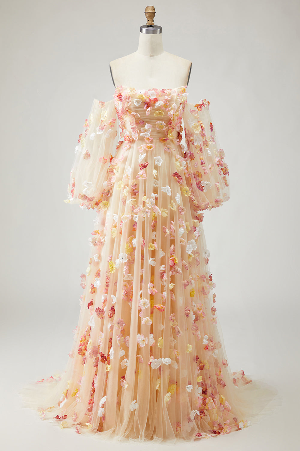 Strapless Floral Champagne A-Line Maxi Prom Dress