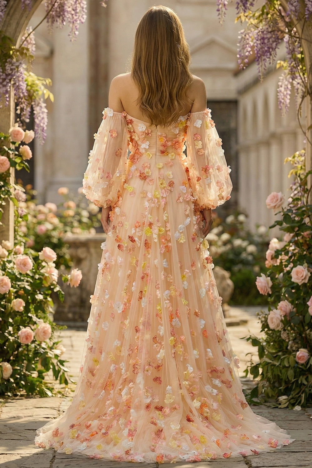 Floral Champagne A-Line Strapless Maxi Prom Dress With Removable Sleeves