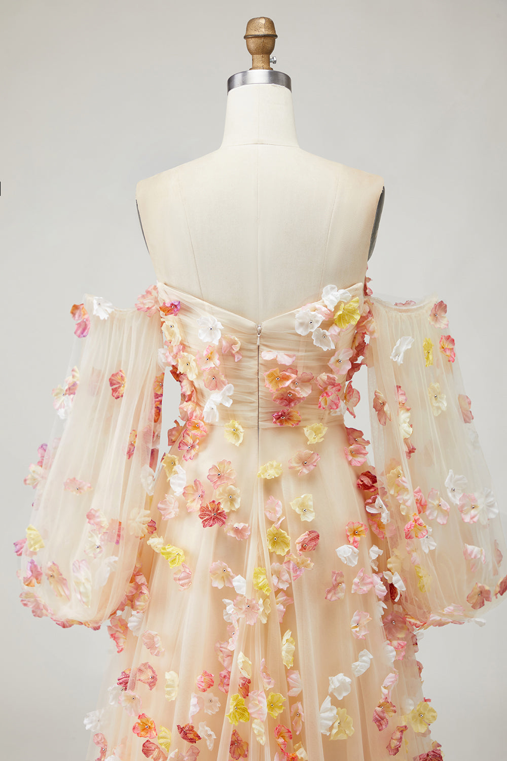 Floral Champagne A-Line Strapless Maxi Prom Dress With Removable Sleeves