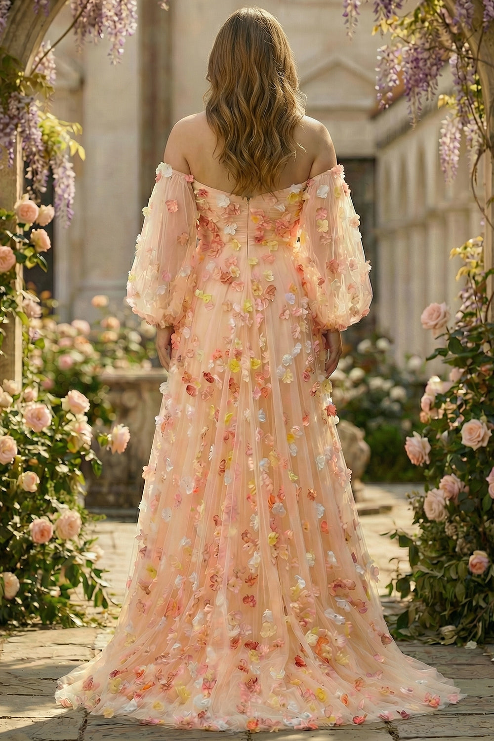 Champagne Floral A-Line Strapless Plus Size Prom Dress