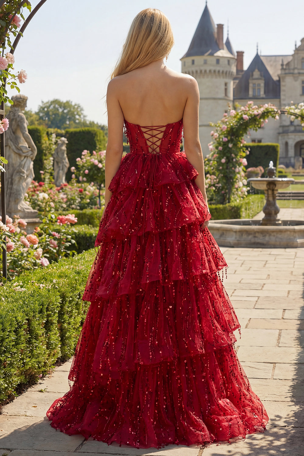 Sparkly Tiered Burgundy Strapless Sequin Prom Dress