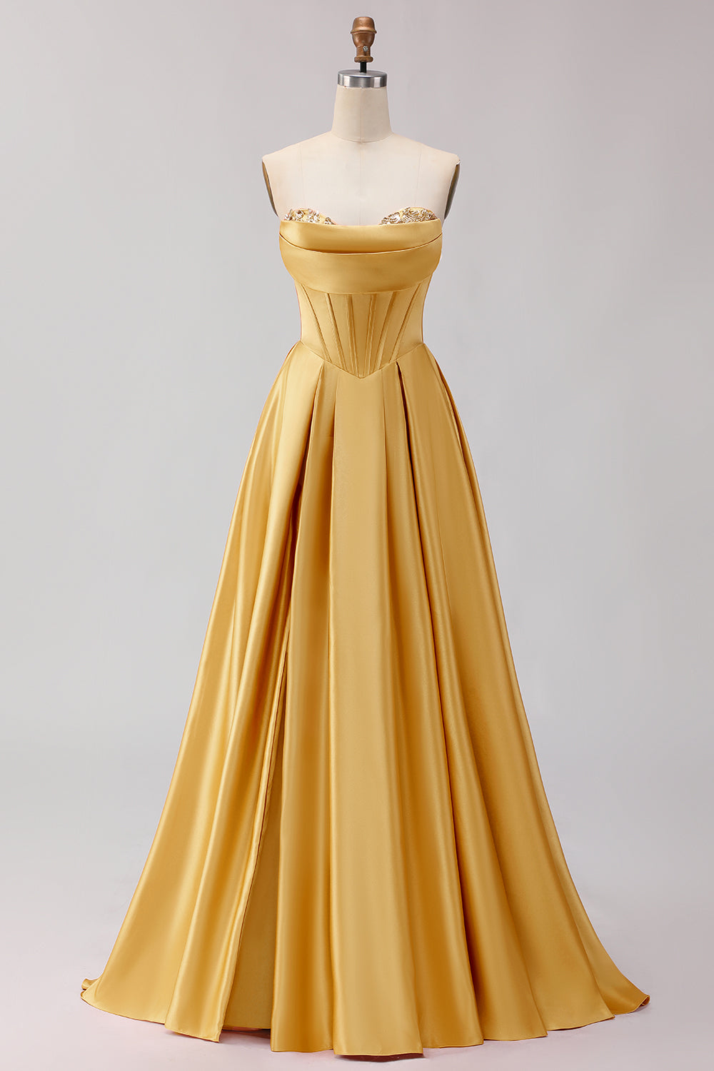 Strapless Golden Satin A Line Corset Prom Dress