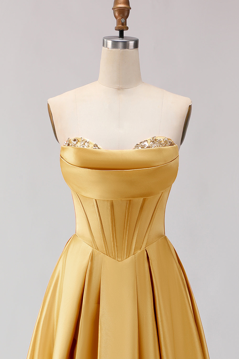 Strapless Golden Satin A Line Corset Prom Dress
