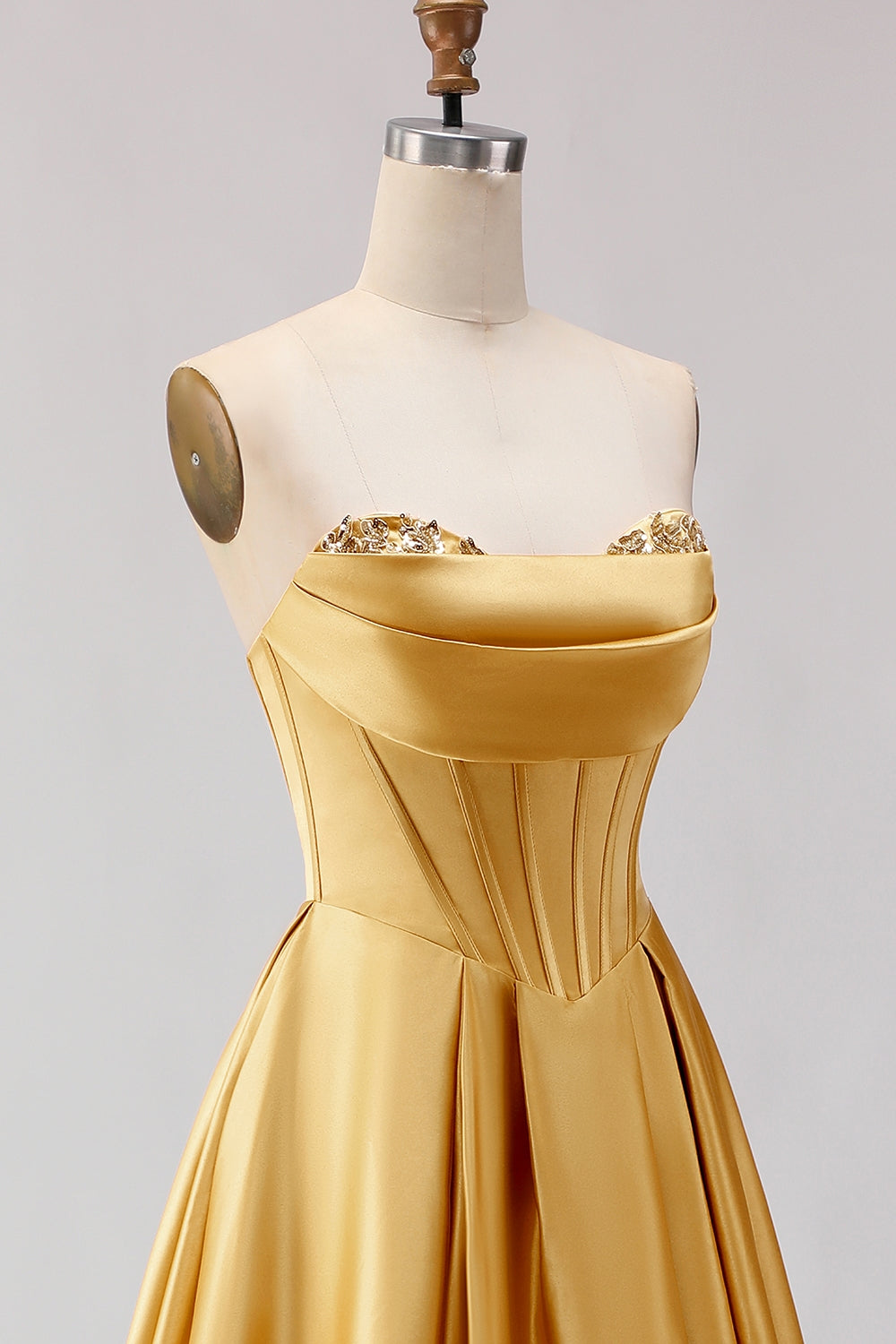 Strapless Golden Satin A Line Corset Prom Dress