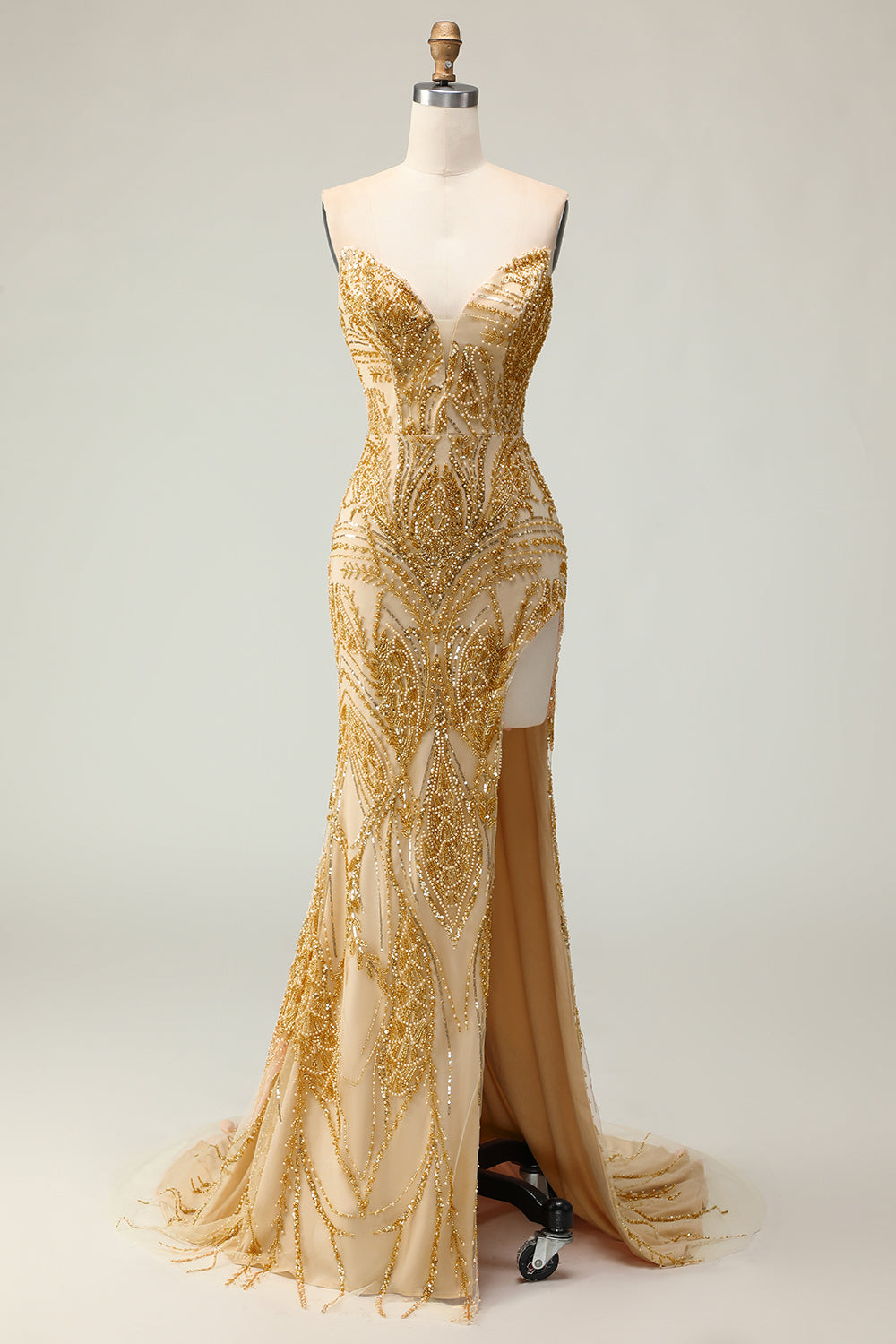 Golden Mermaid Beaded Strapless Prom Dress With Slit
