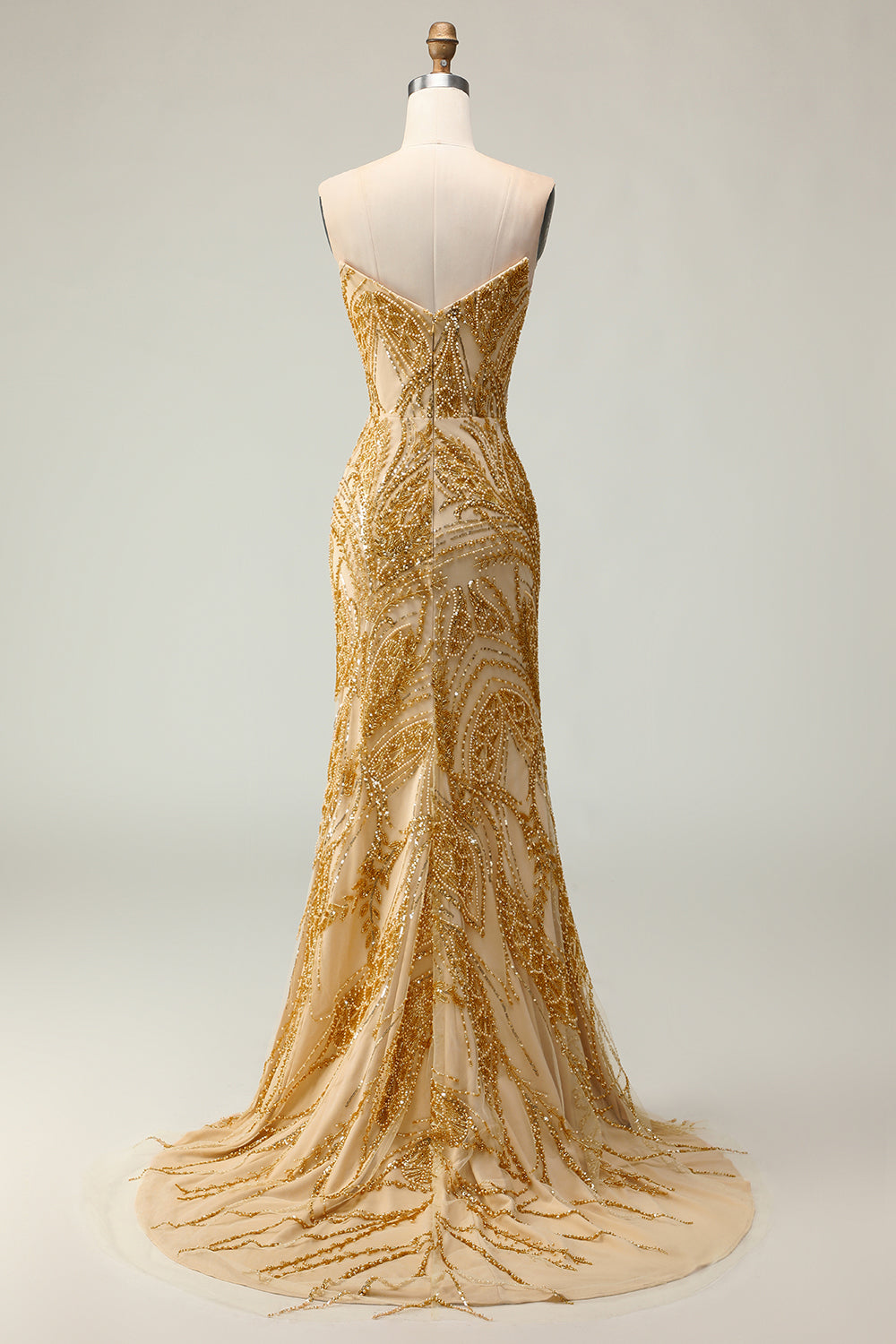 Golden Mermaid Beaded Strapless Prom Dress With Slit