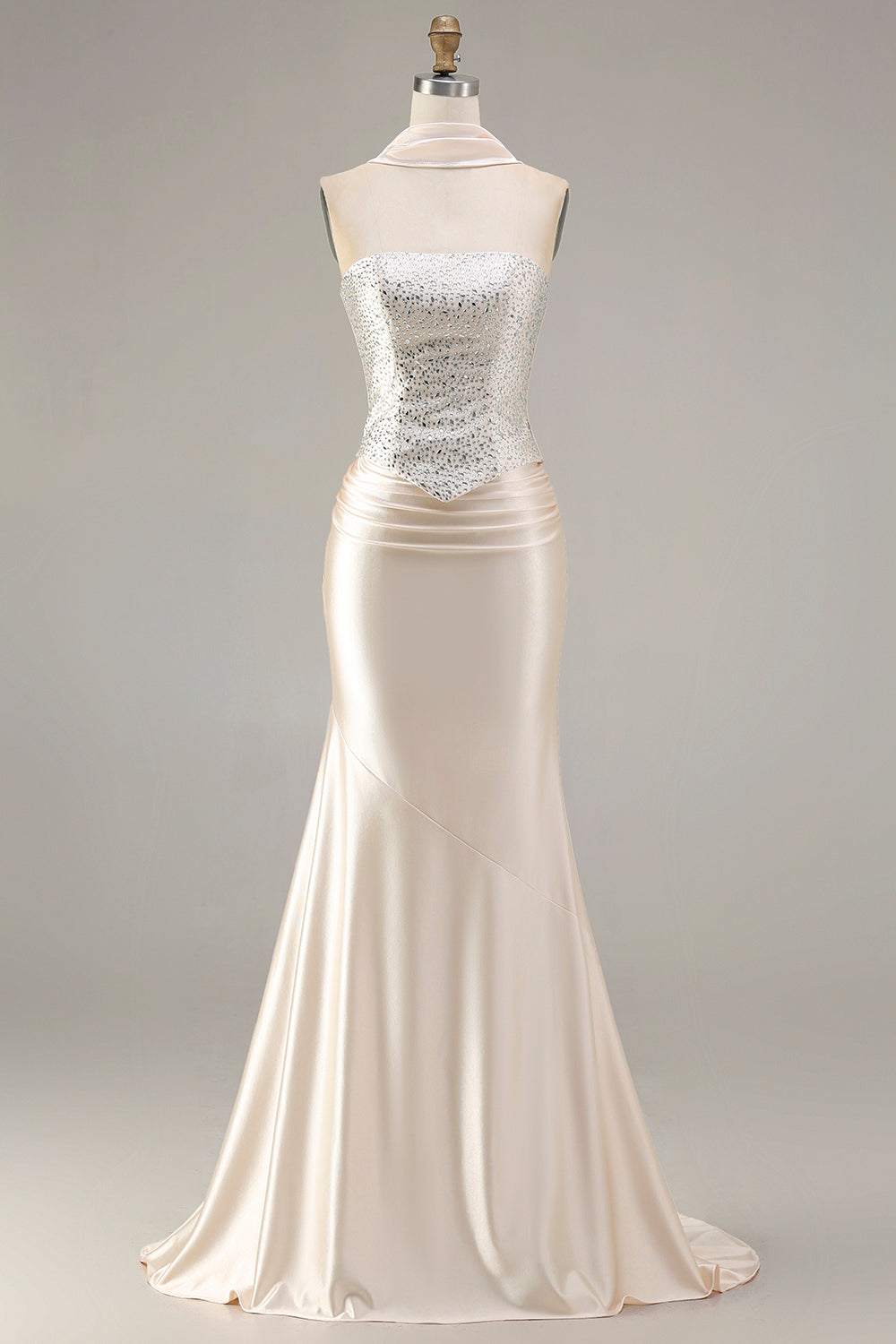 Sparkly Champagne Satin Mermaid Beaded Prom Dress