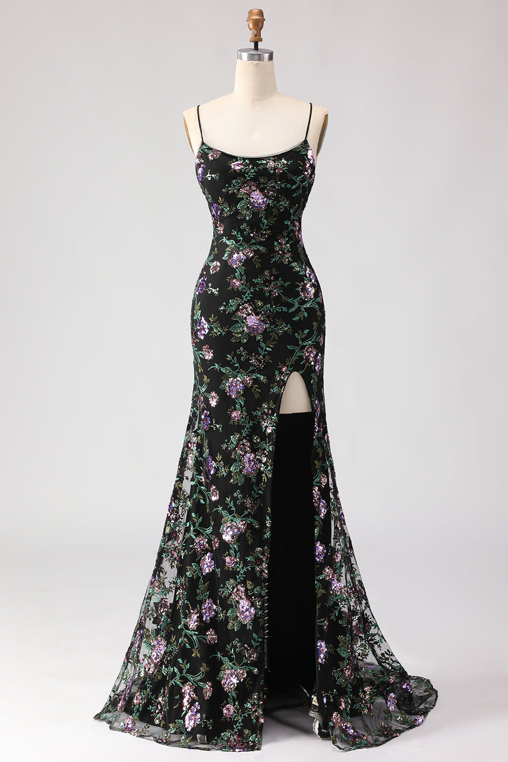 Black Purple Flower Sequin Embroidered Mermaid Prom Dress With Slit