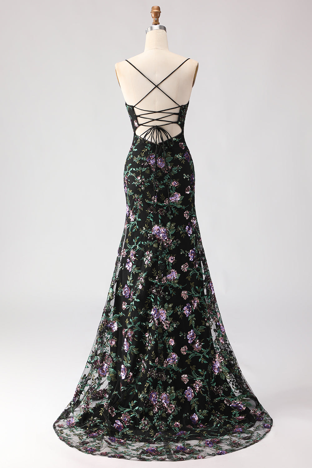 Black Purple Flower Sequin Embroidered Mermaid Prom Dress With Slit