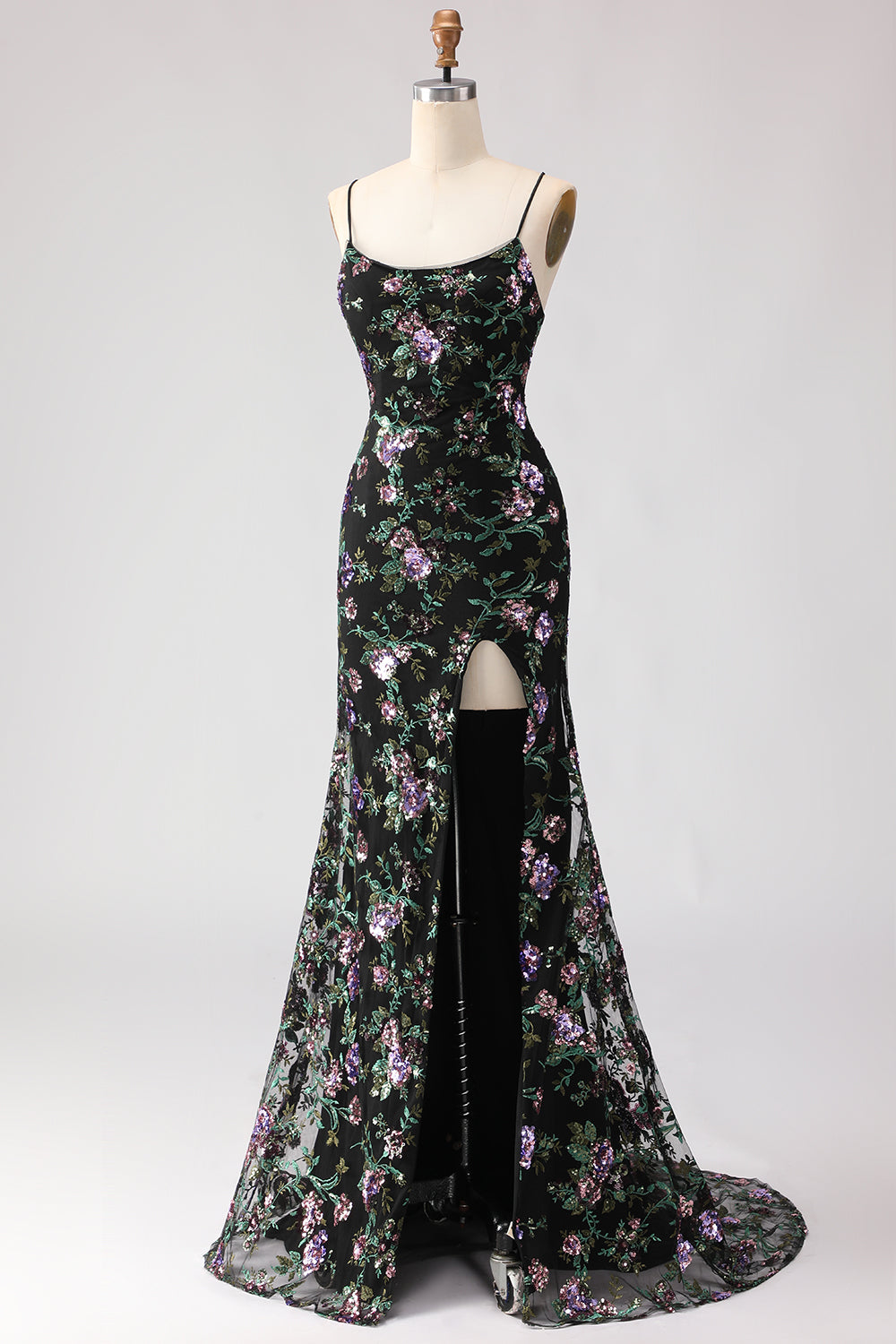 Black Purple Flower Mermaid Sequin Embroidered Prom Dress