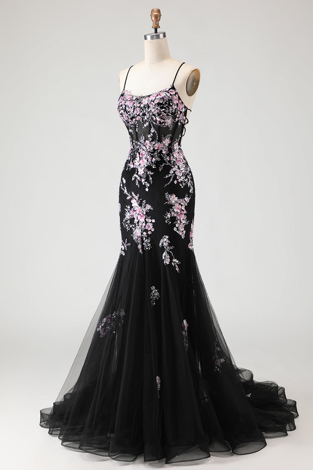 Black Pink Flower Mermaid Tulle Prom Dress with Appliques