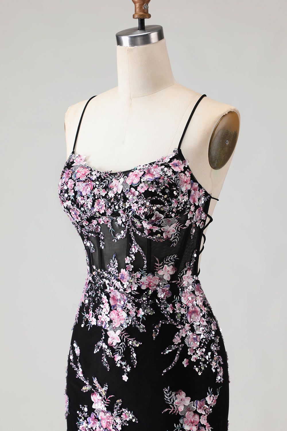 Black Pink Flower Mermaid Tulle Prom Dress with Appliques