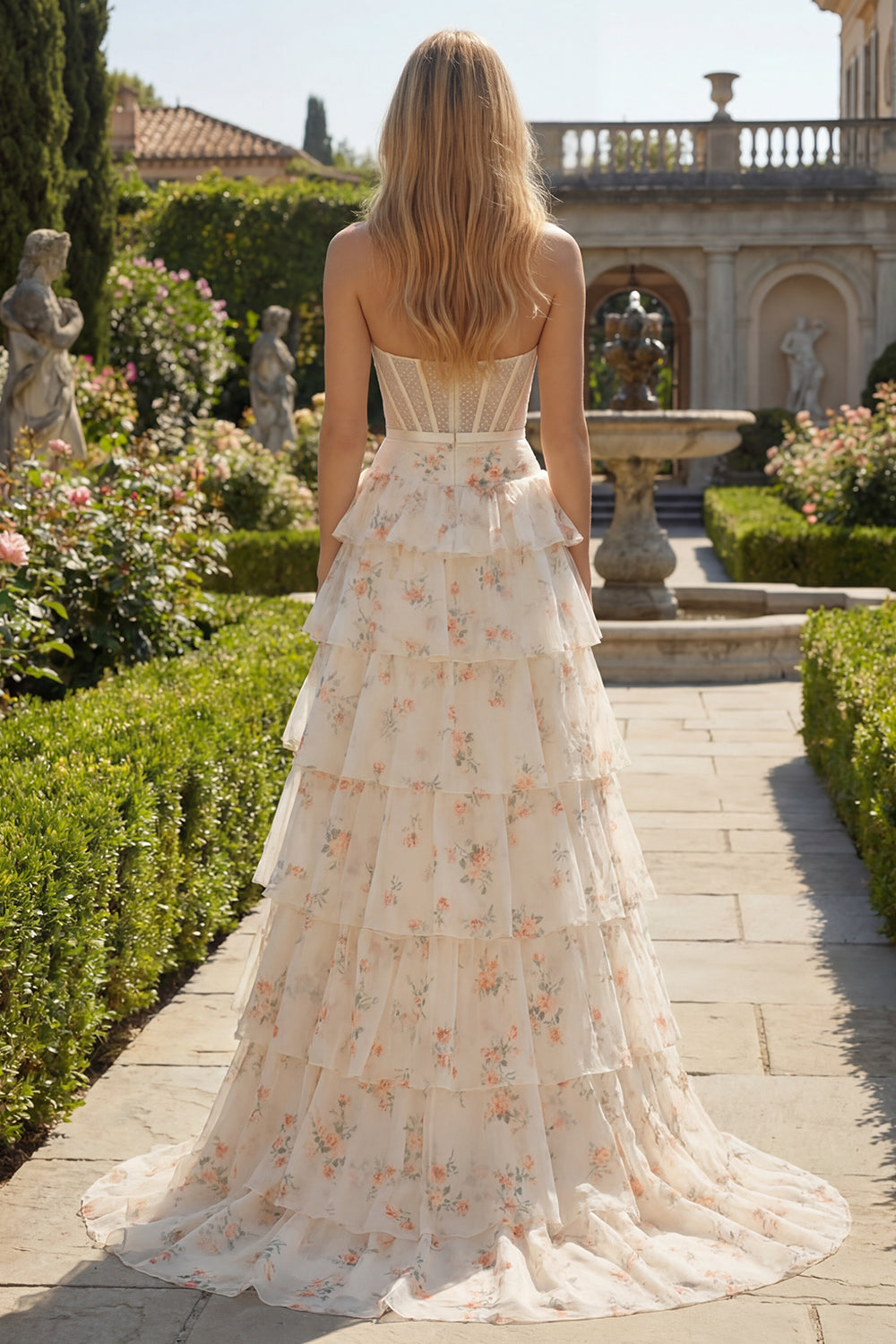 Yellow Blue Floral Strapless Corset Tiered Prom Dress