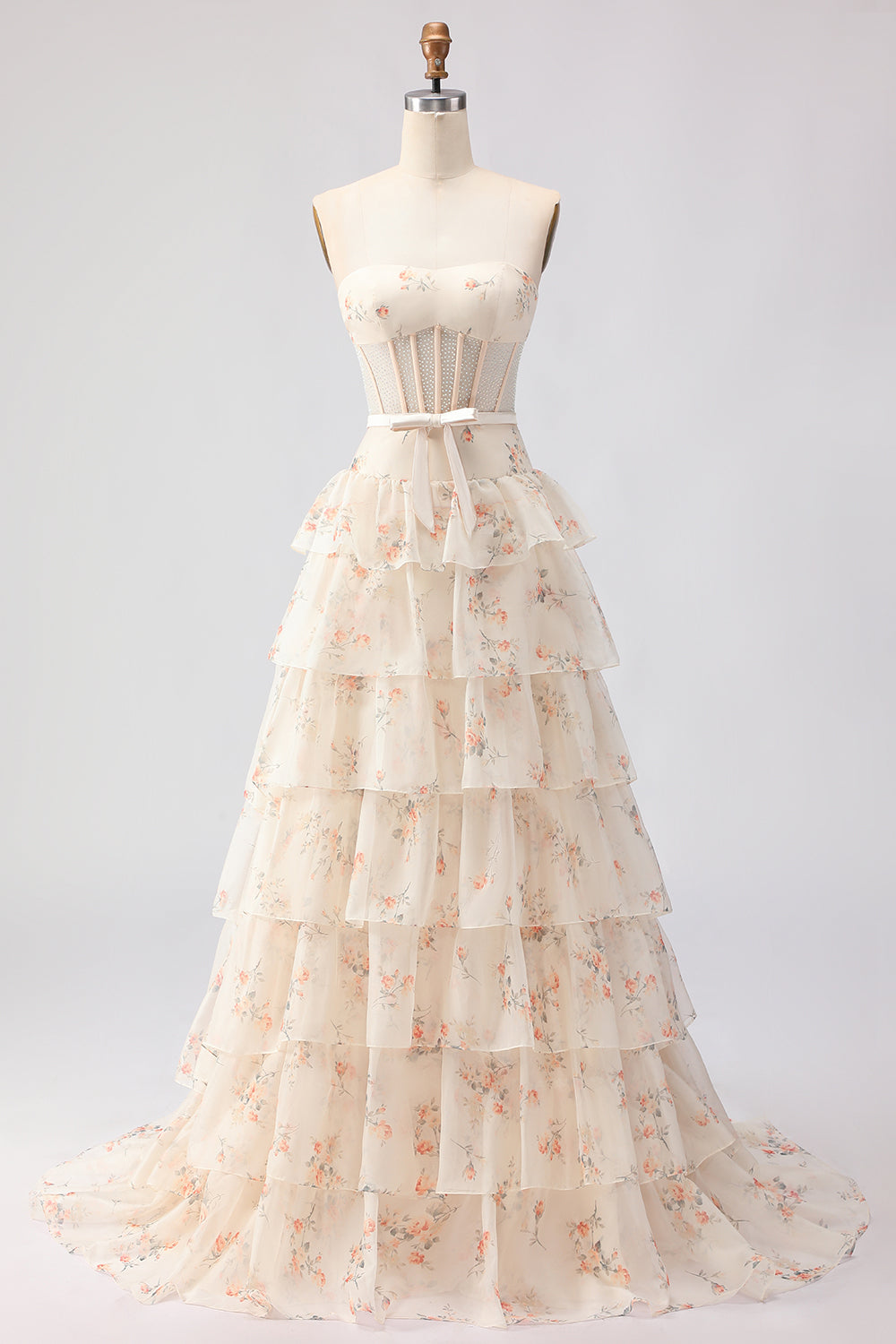 Strapless Pink Red Floral Corset Tiered Maxi Prom Dress