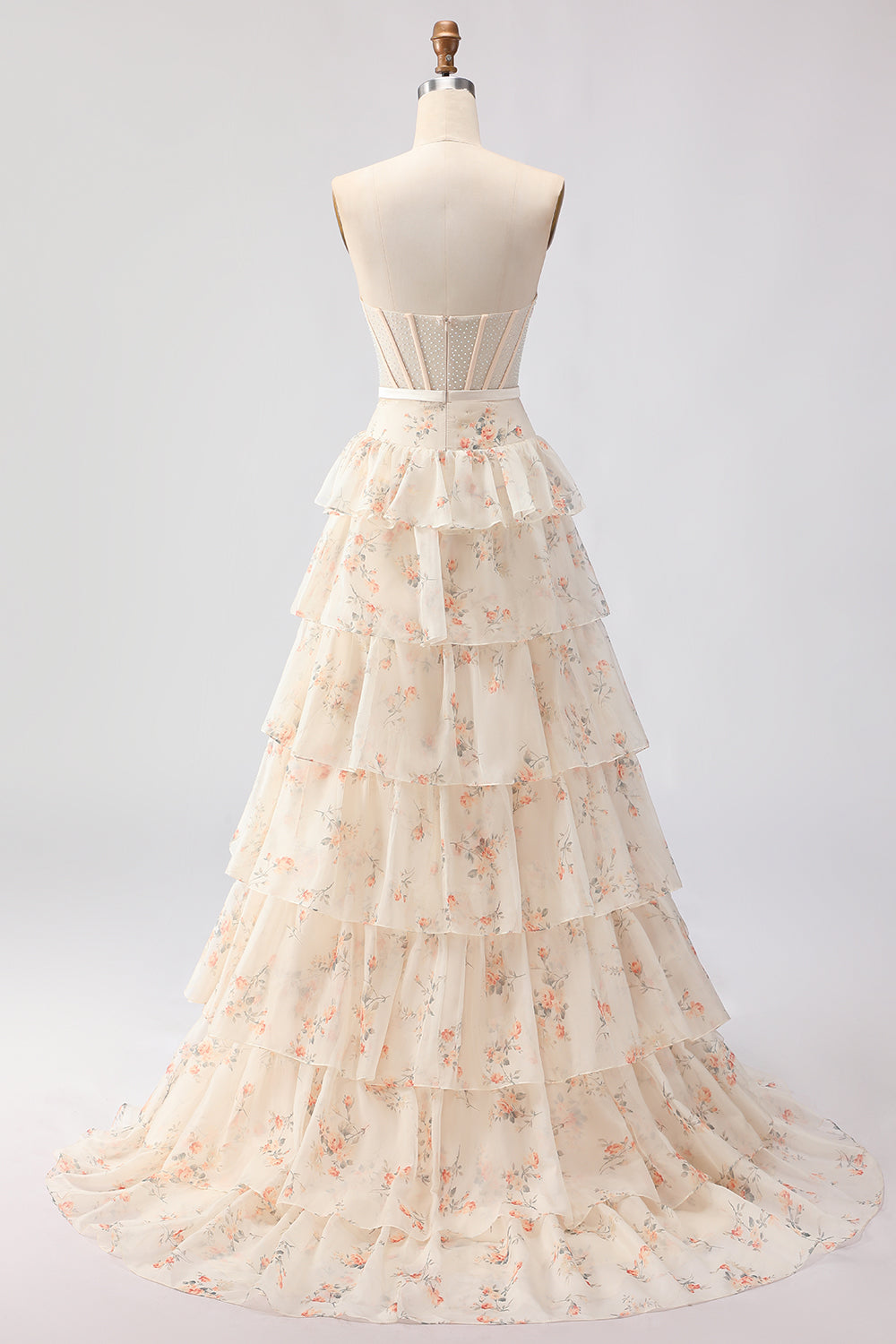 Strapless Pink Floral Corset A-Line Prom Dress With Ruffles
