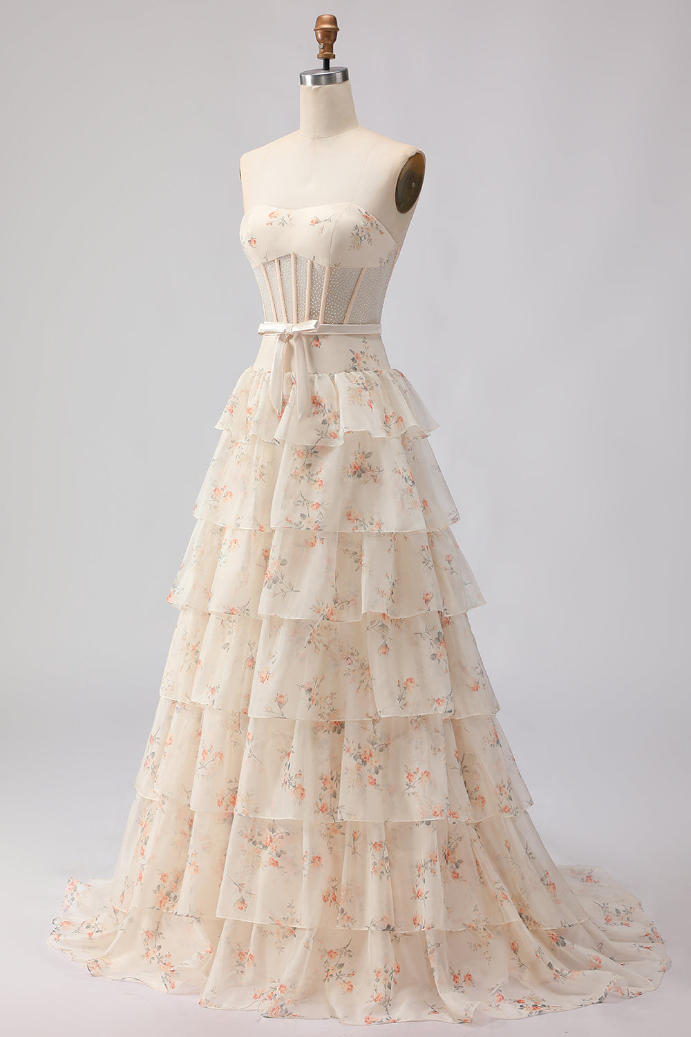 Strapless Pink Red Floral Corset Tiered Maxi Prom Dress