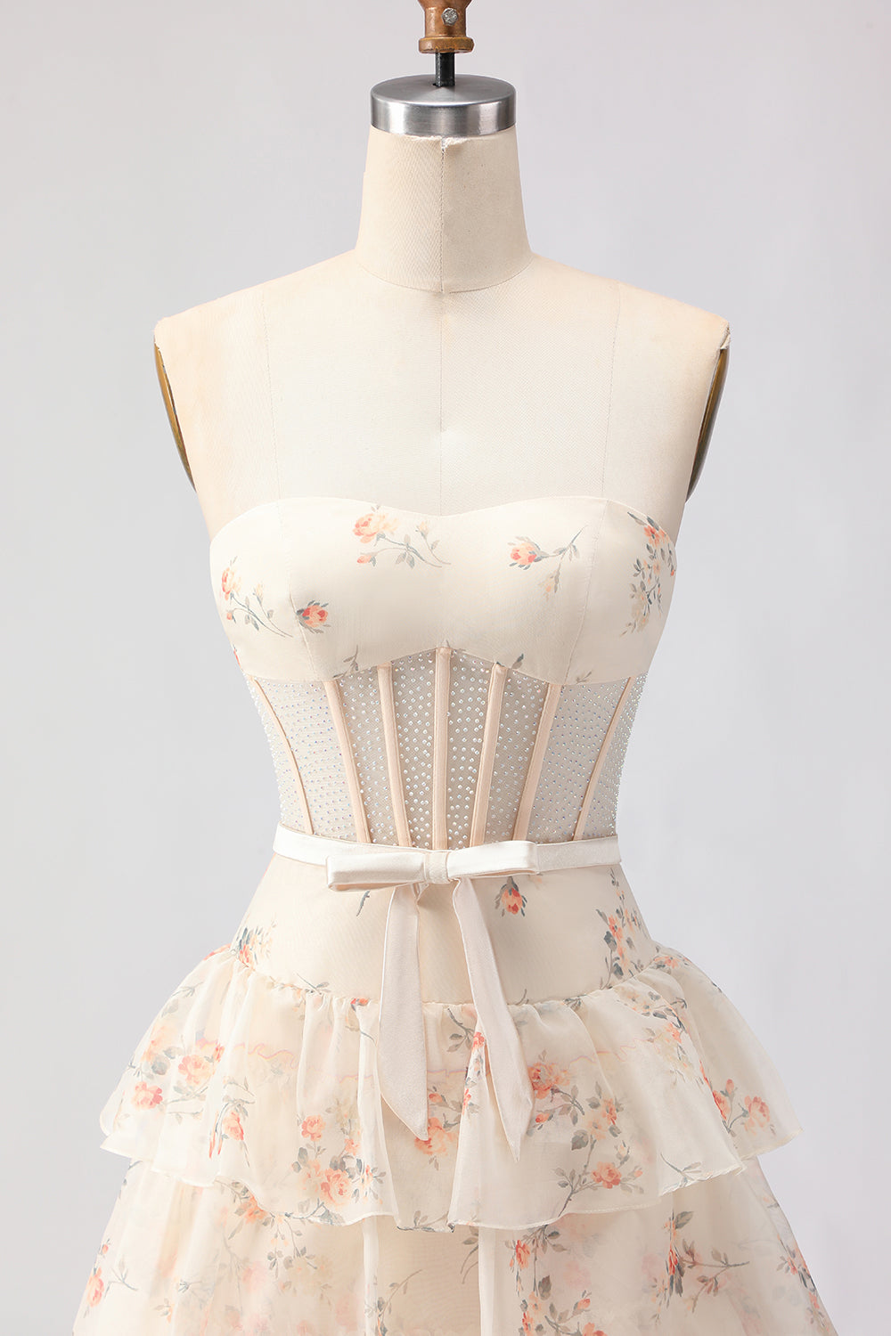 Yellow Blue Floral Strapless Corset A Line Prom Dress