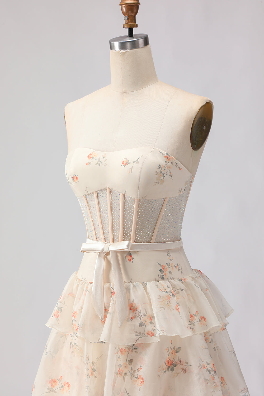 Champagne Orange Floral Corset A Line Strapless Prom Dress