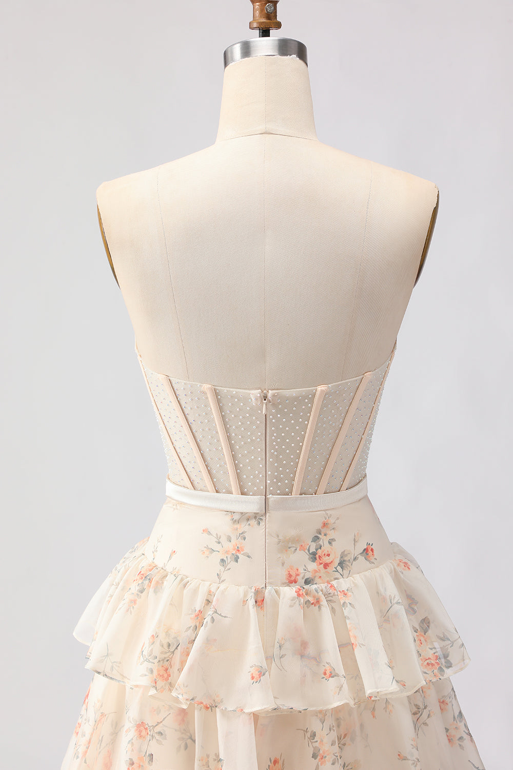 Yellow Blue Floral Strapless Corset A Line Prom Dress