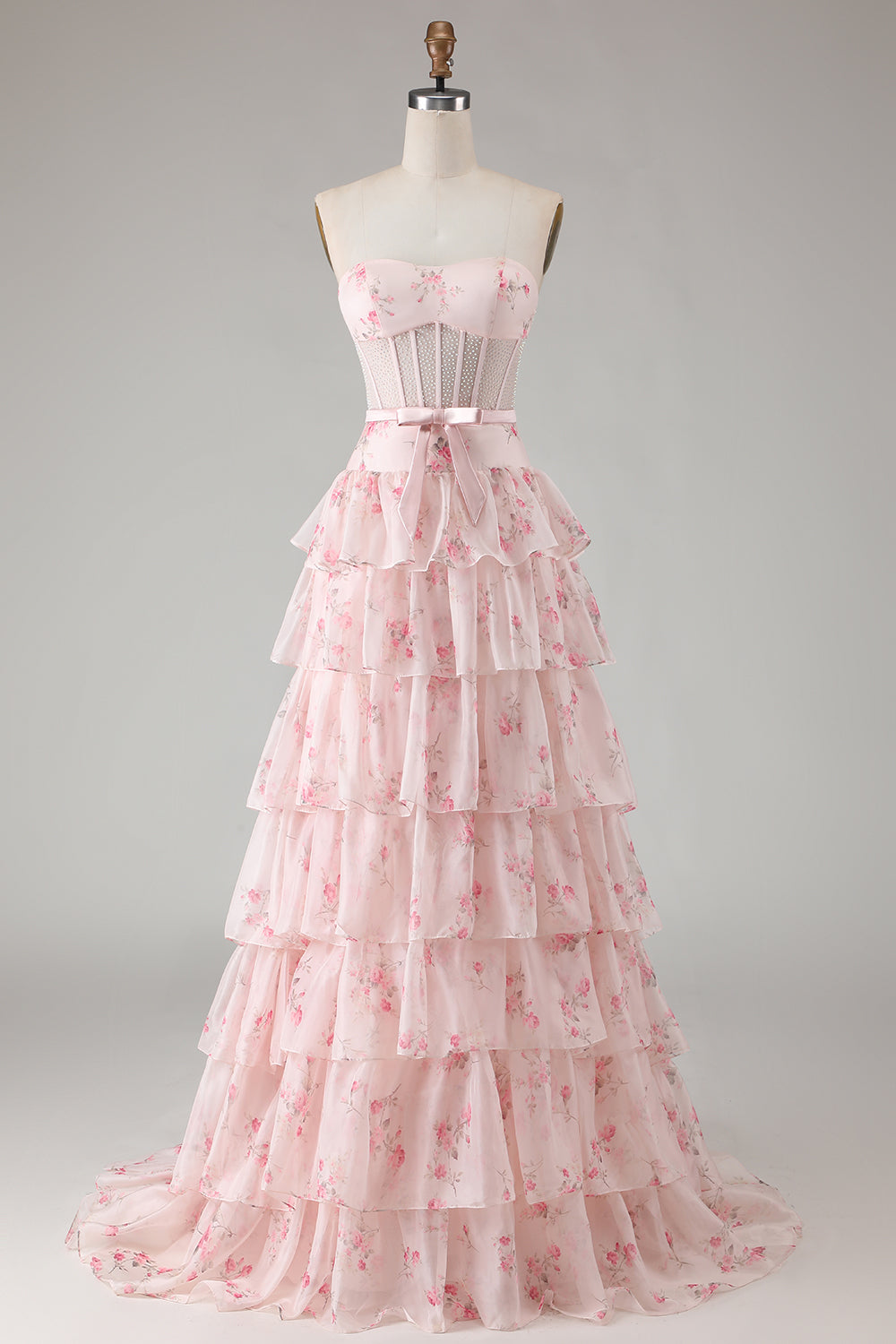 Strapless Pink Red Floral Corset Tiered Maxi Prom Dress