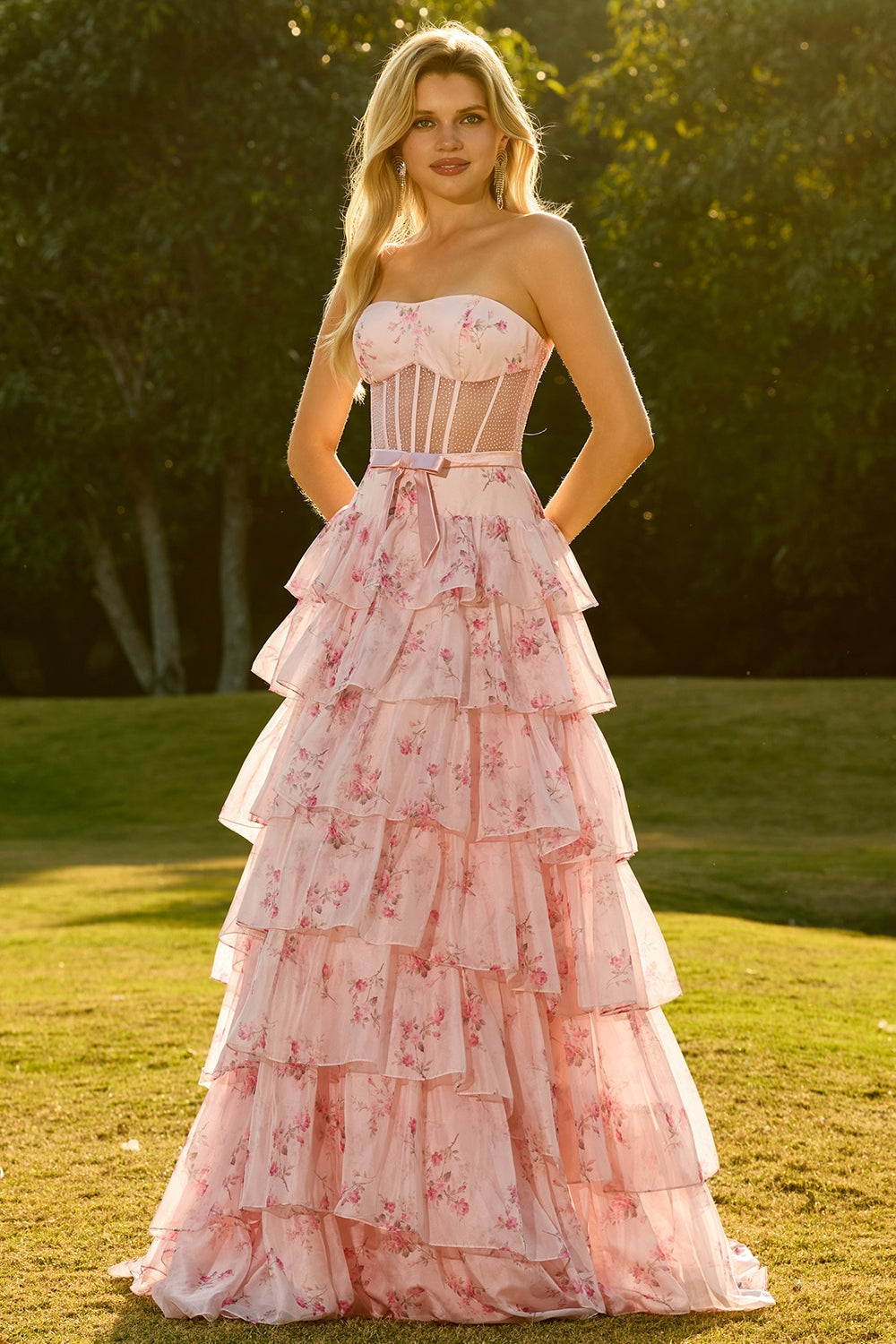 Yellow Blue Floral Strapless Corset Tiered Prom Dress