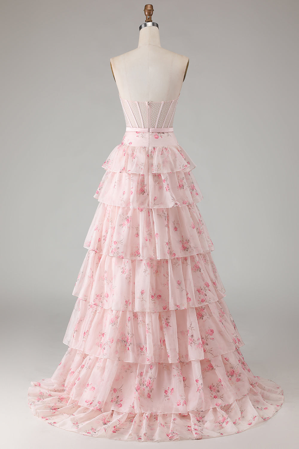 Yellow Blue Floral Strapless Corset Tiered Prom Dress