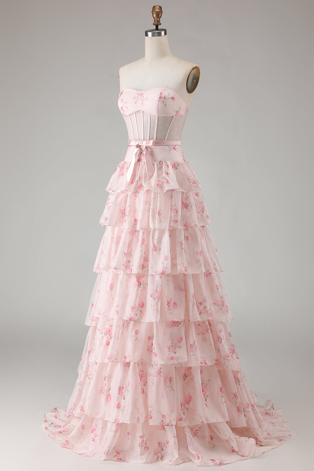 Yellow Blue Floral Strapless Corset A Line Prom Dress