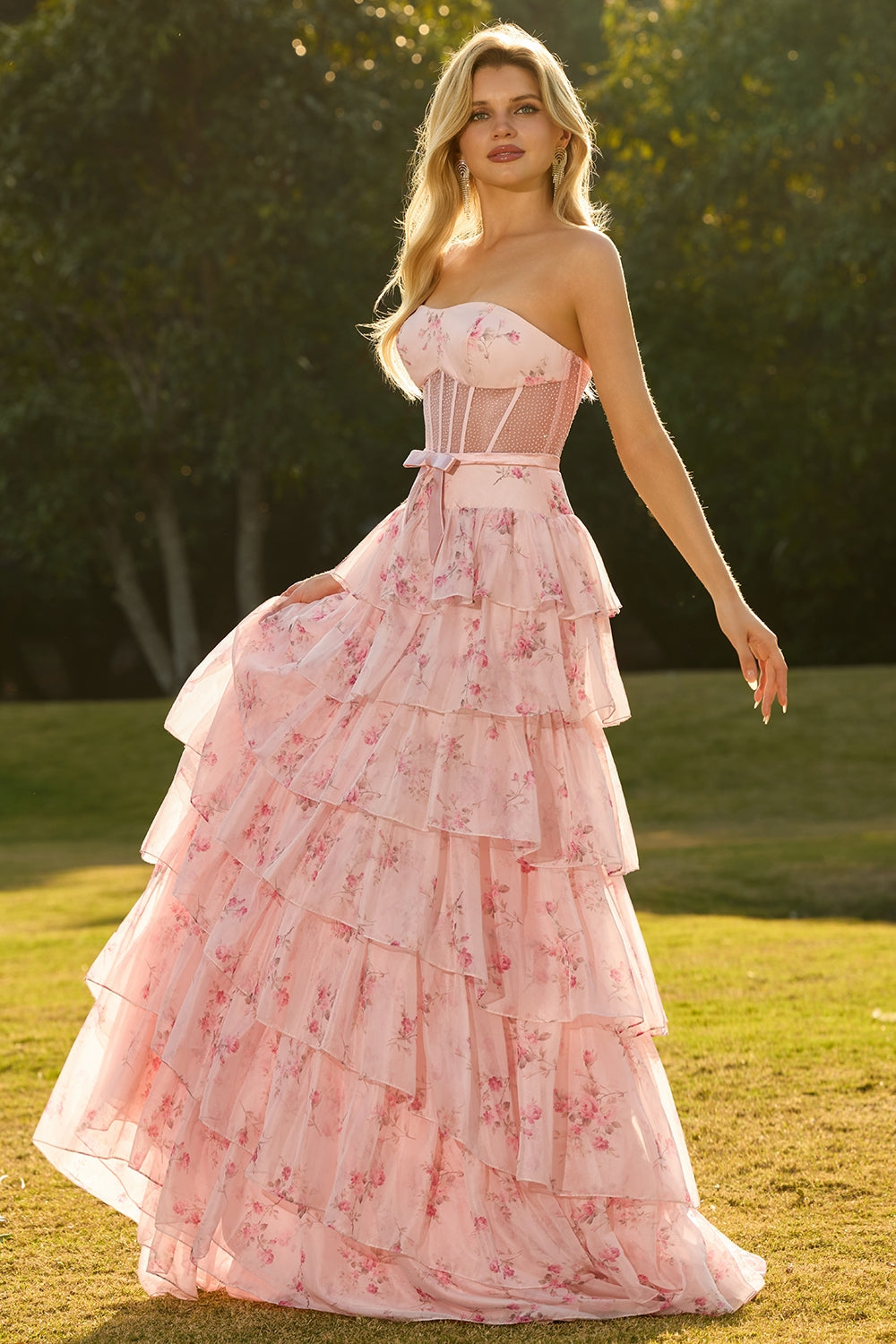 Strapless Pink Red Floral Corset Tiered Maxi Prom Dress