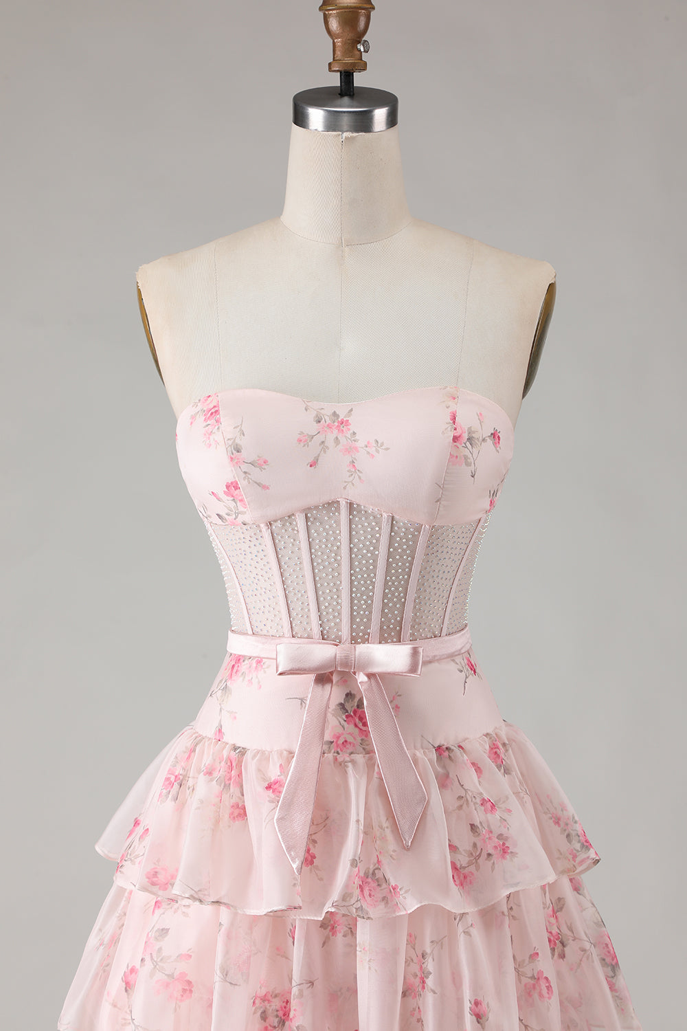 Yellow Blue Floral Strapless Corset A Line Prom Dress