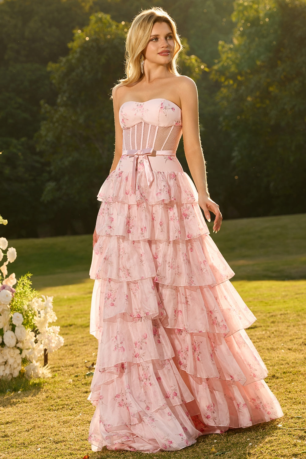 Yellow Blue Floral Strapless Corset Tiered Prom Dress