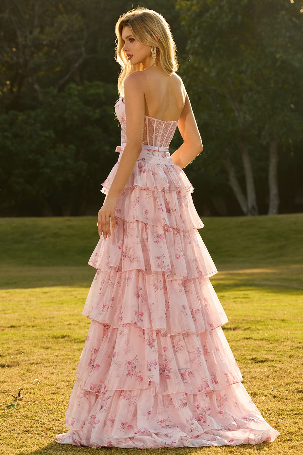 Yellow Blue Floral Strapless Corset Tiered Prom Dress